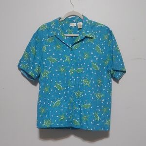 Bobbie Brooks Teal & Lime Hawaiian Shirt Sea Turtle Starfish Button-Up Like New